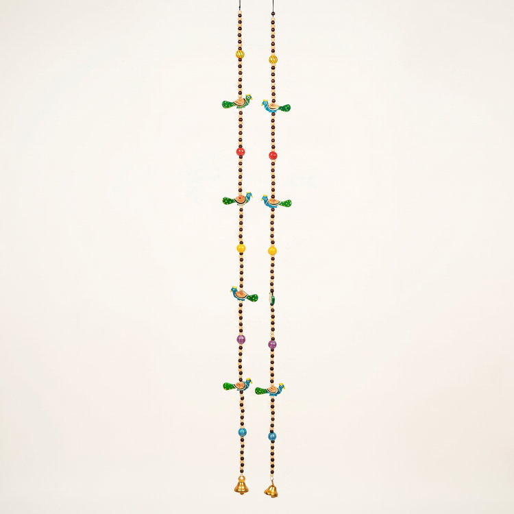 Pair of Long Vibrant Hand-Painted Peacock Windchimes