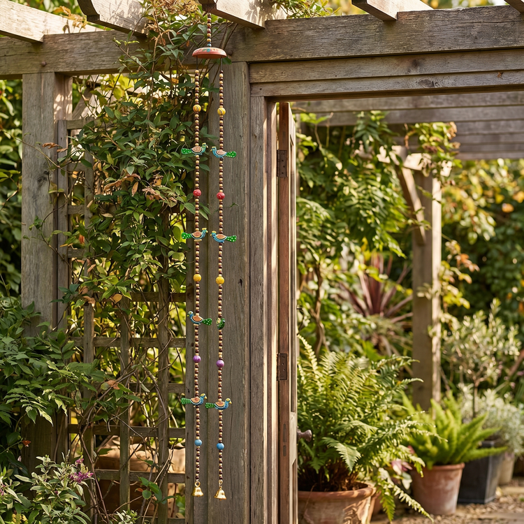 Pair of Long Vibrant Hand-Painted Peacock Windchimes