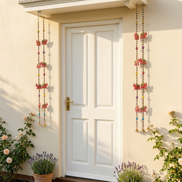 Pair of Long Vibrant Hand-Painted Rajasthani Elephant Windchimes