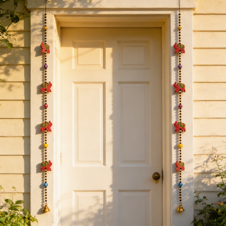 Pair of Long Vibrant Hand-Painted Rajasthani Elephant Windchimes