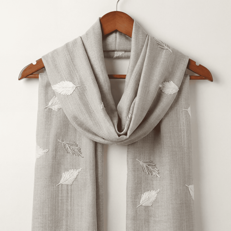 Hand-Embroidered Feather Cashmere Scarf