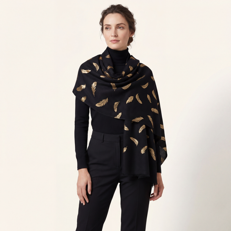 Black & Gold Foil Feather Cashmere Scarf