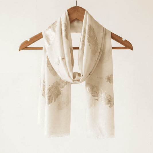 White & Gold Foil Feather Cashmere Scarf