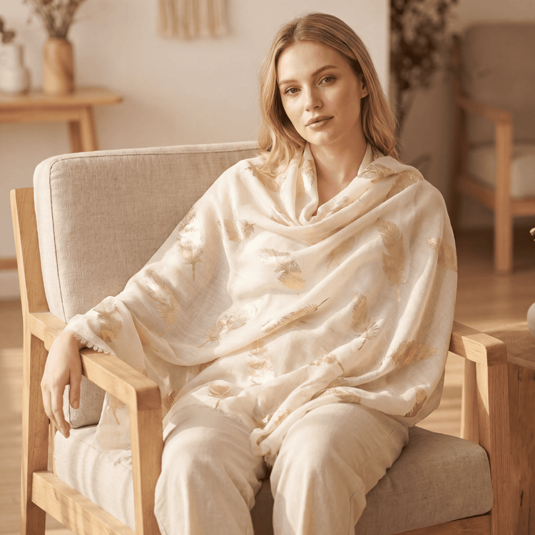 White & Gold Foil Feather Cashmere Scarf