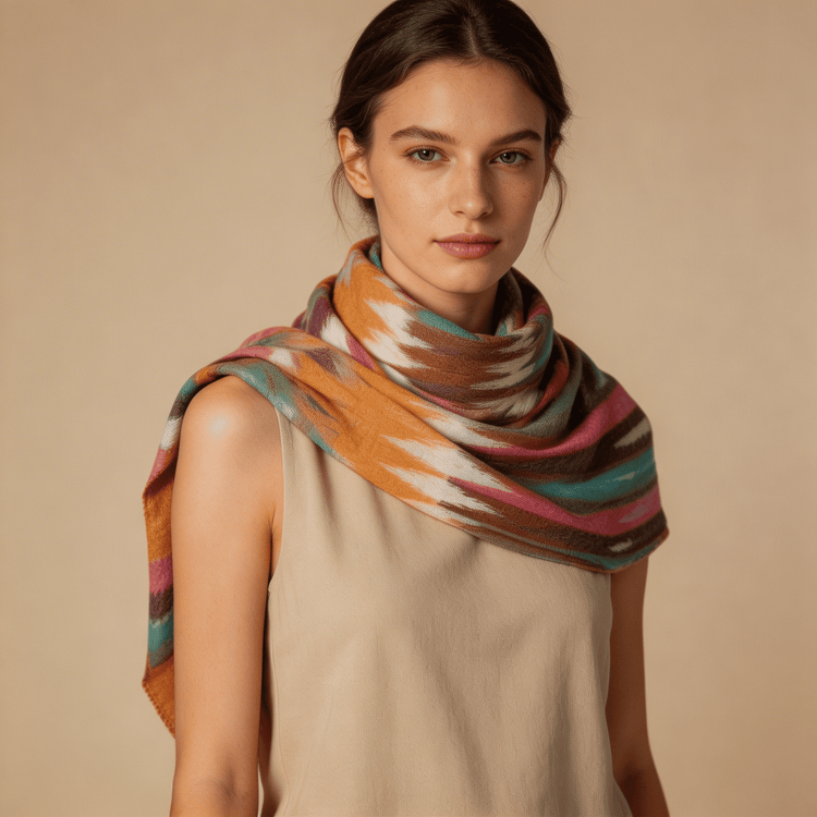 Colourful Ikat Pattern Cashmere Scarf