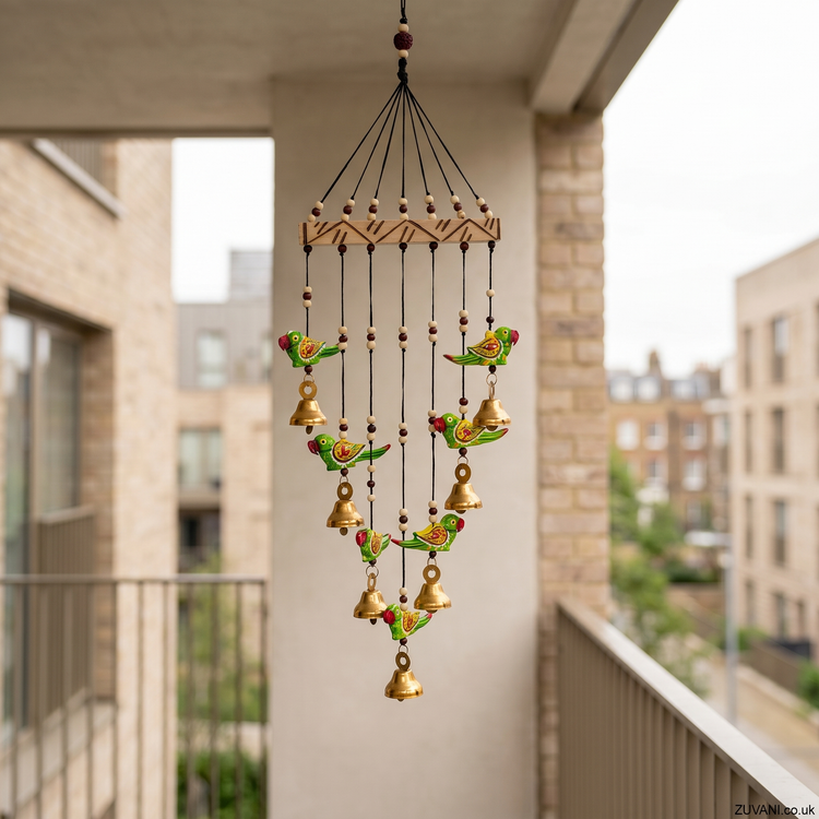 Artisanal Wooden Windchime with Handpainted Birds & Golden Bells