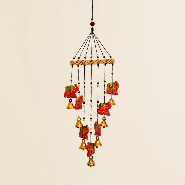 Artisanal Wooden Windchime With Handpainted Elephants & Bells
