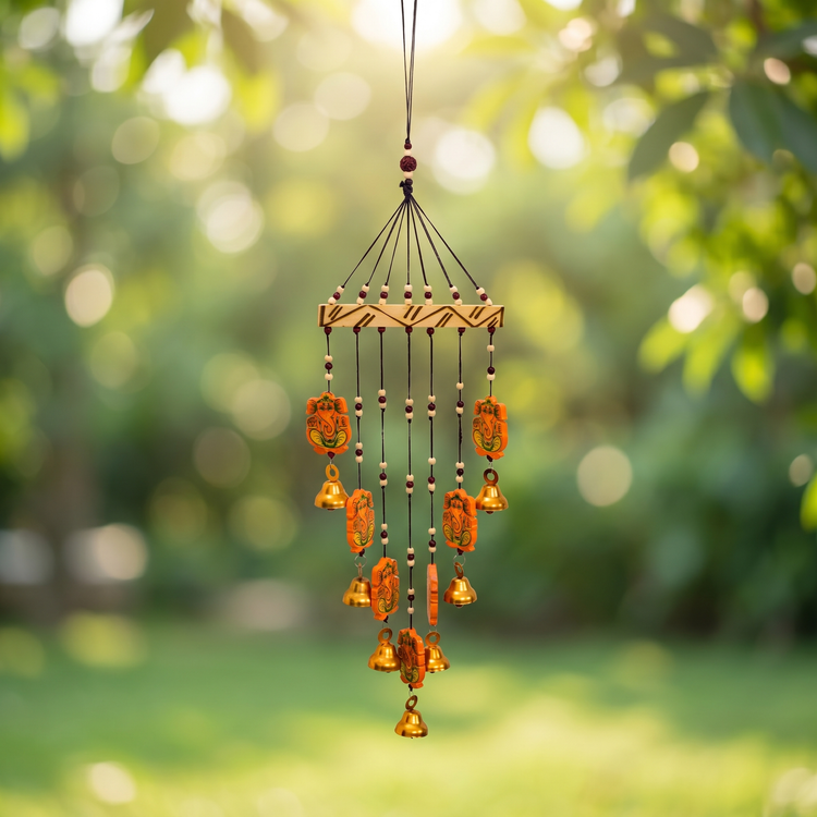 Spiritual Wooden Windchime with Ganesha Charms & Bells