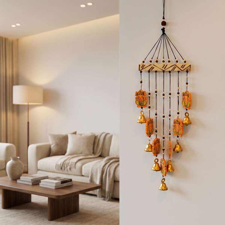 Spiritual Wooden Windchime with Ganesha Charms & Bells