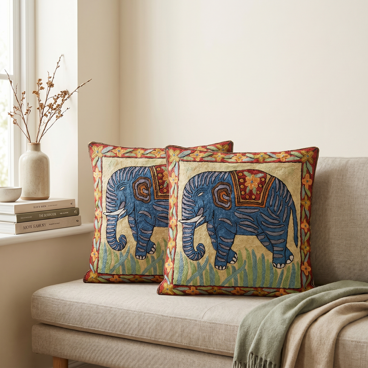 Pair of Elephant Himalayan Wool Cushion Covers