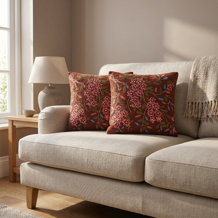 Pair of Himalayan Wool Red Floral Cushion Covers