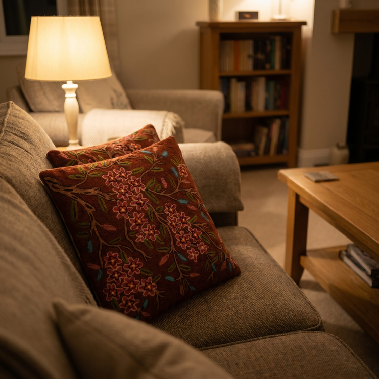 Pair of Himalayan Wool Red Floral Cushion Covers