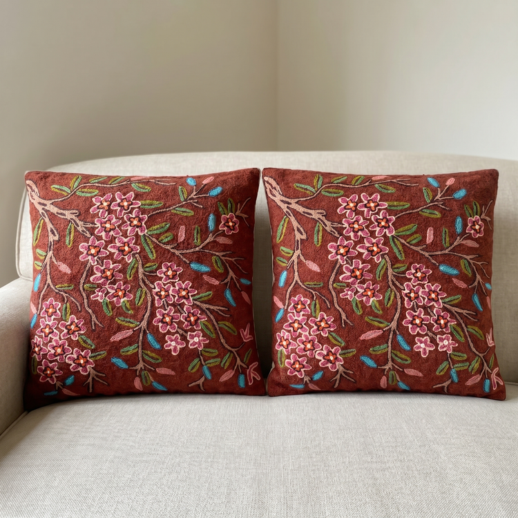 Pair of Himalayan Wool Red Floral Cushion Covers