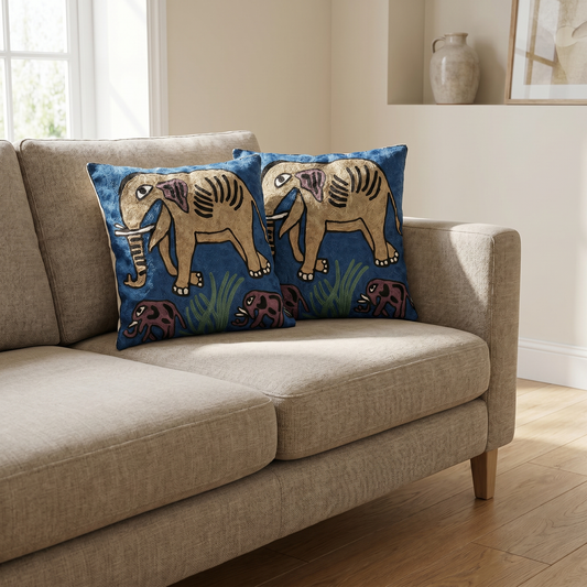 Pair of Elephant Family Himalayan Wool Cushion Covers