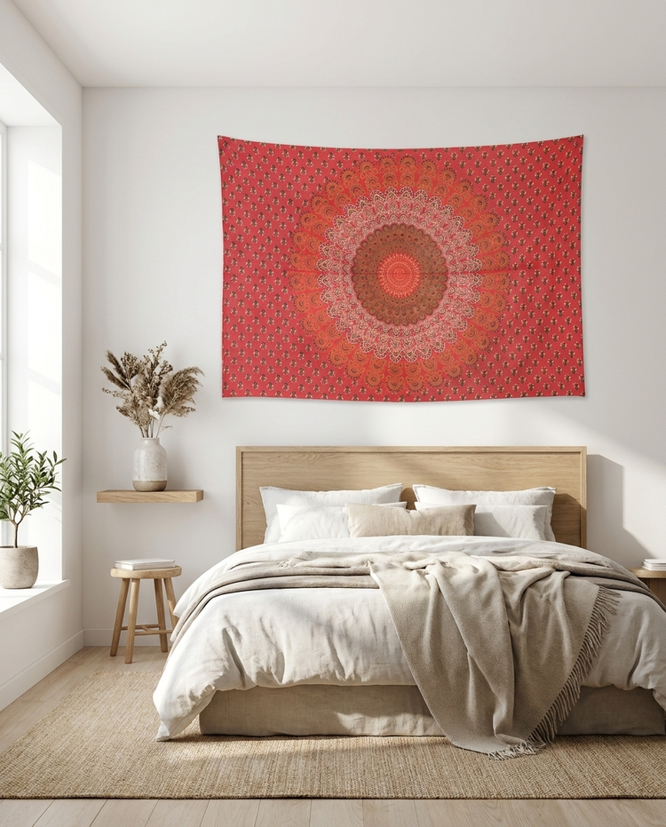 Ombré Mandala Cotton Tapestry – Poppy Red Wall Hanging