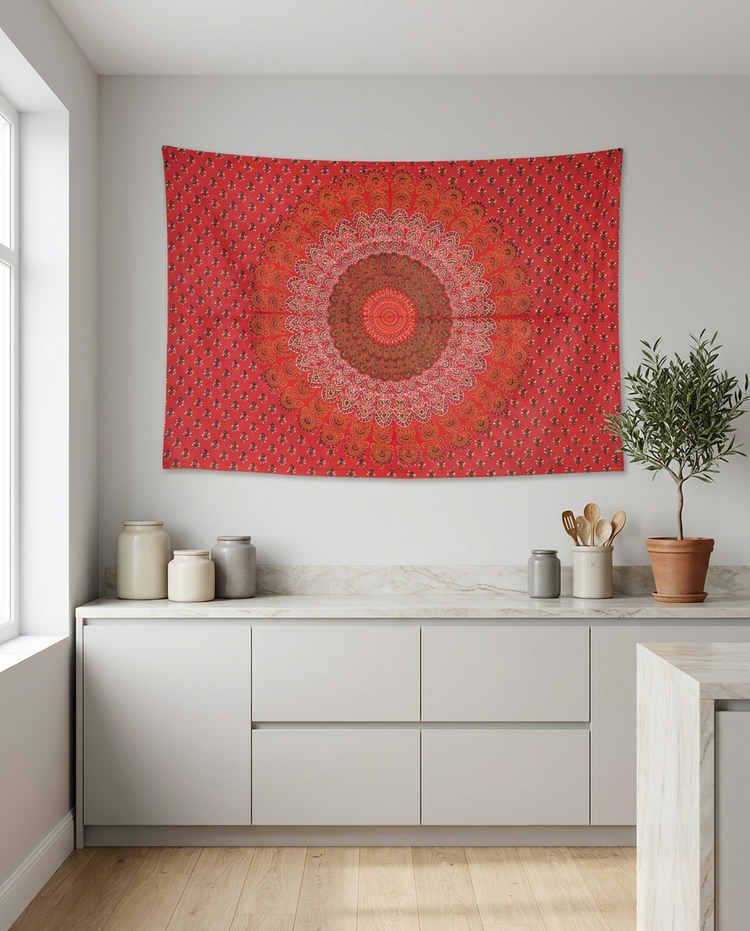 Ombré Mandala Cotton Tapestry – Poppy Red Wall Hanging