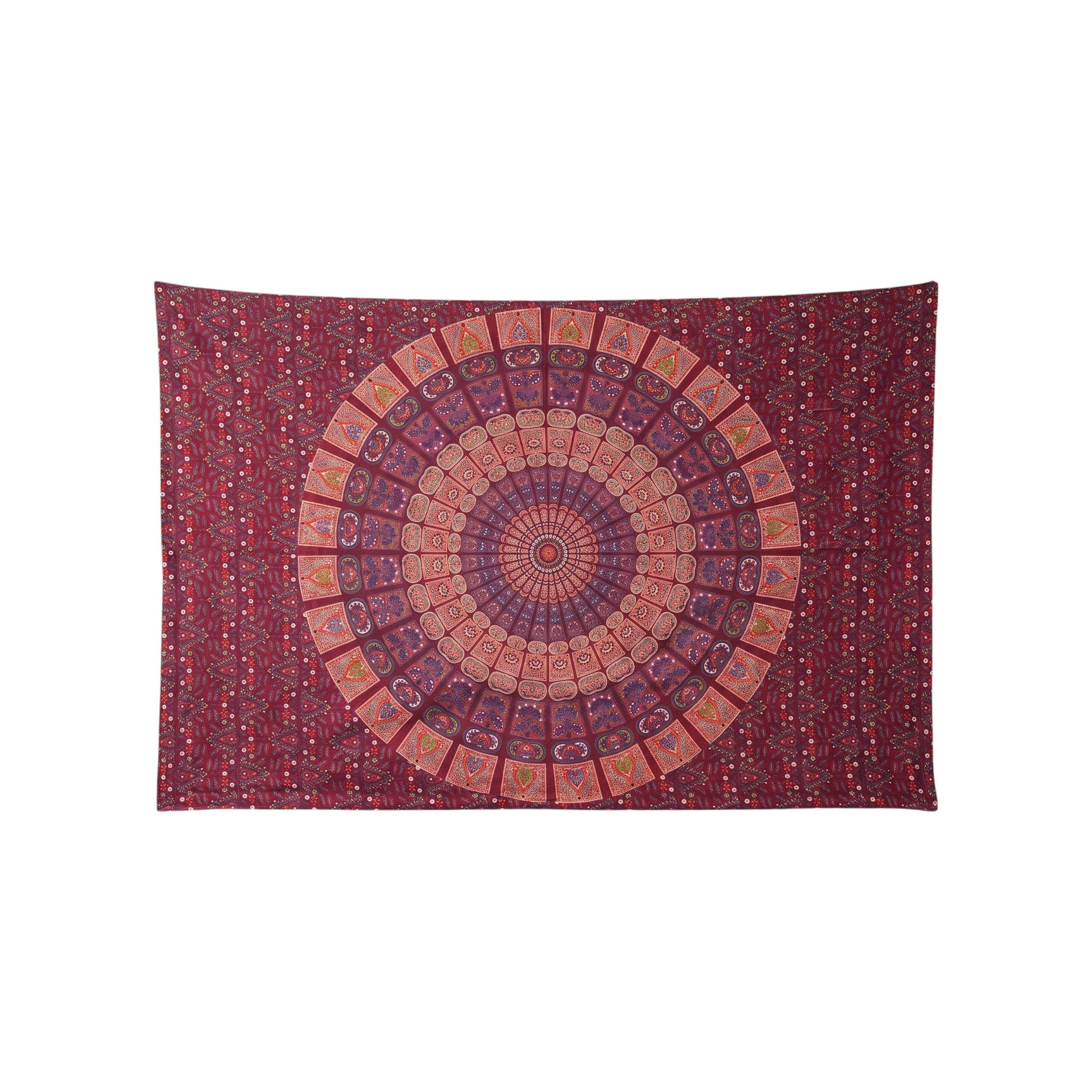 Panelled mandala hand block printed cotton tapestry in maroon and plum, 210 x 135 cm