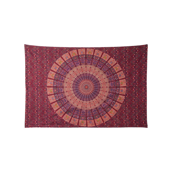 Panelled mandala hand block printed cotton tapestry in maroon and plum, 210 x 135 cm