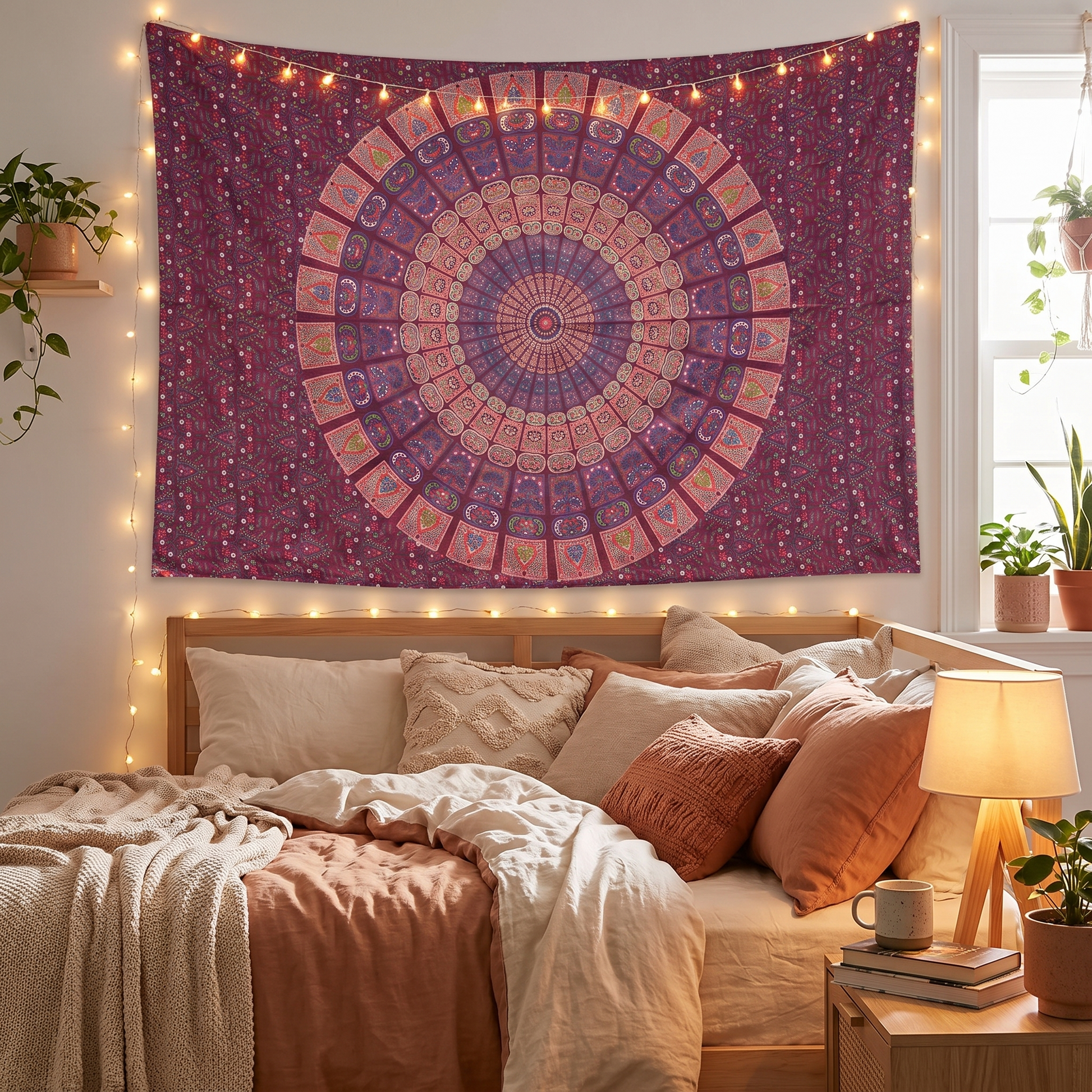 Maroon panelled mandala cotton tapestry hung as a wall hanging