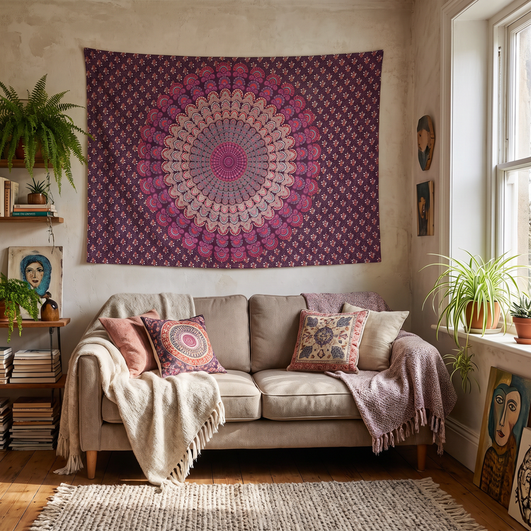 Peacock Fan Mandala Hand Block Printed Cotton Tapestry – Mulberry & Rose