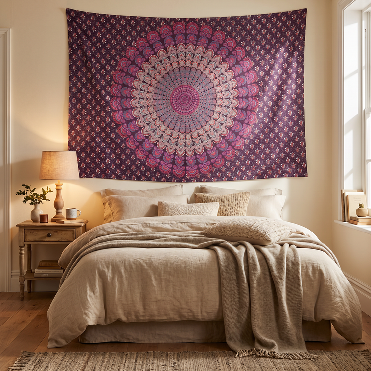 Peacock Fan Mandala Hand Block Printed Cotton Tapestry – Mulberry & Rose