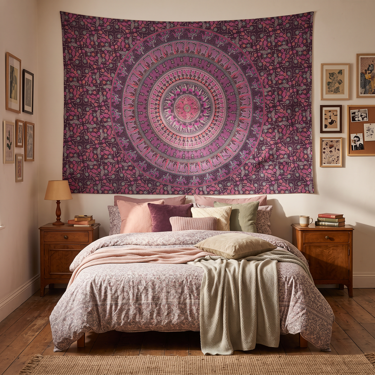 Camel Mandala Hand Block Printed Cotton Tapestry – Magenta & Plum