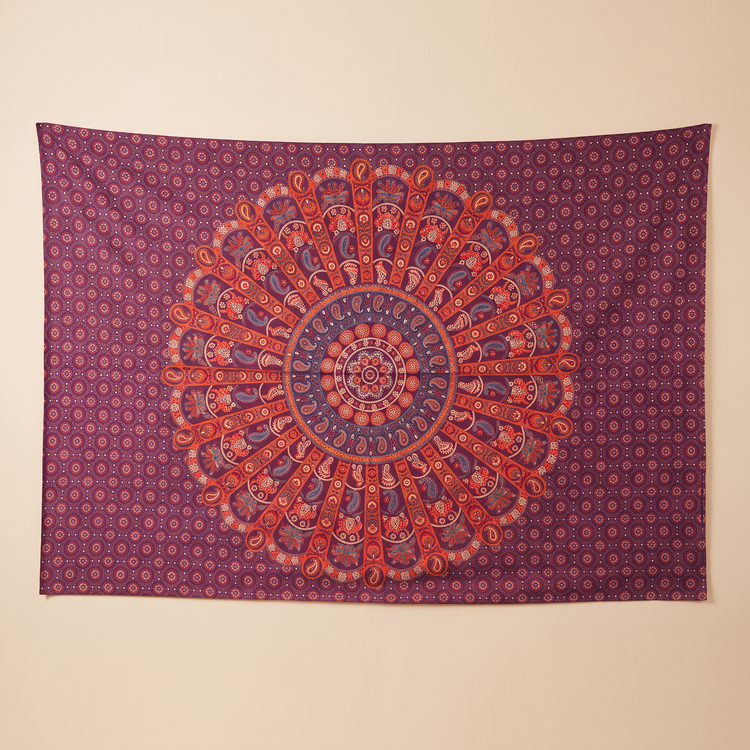 Camel Mandala Hand Block Printed Cotton Tapestry – Magenta & Plum