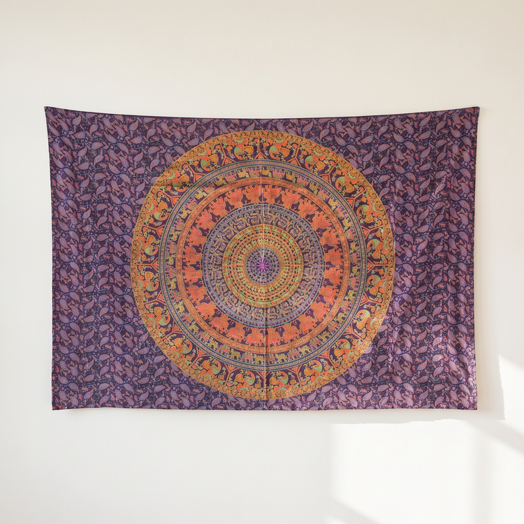 Elephant Mandala Hand Block Printed Cotton Tapestry – Aubergine & Marigold