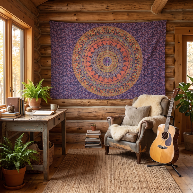 Elephant Mandala Hand Block Printed Cotton Tapestry – Aubergine & Marigold