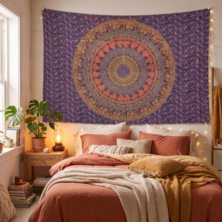 Elephant Mandala Hand Block Printed Cotton Tapestry – Aubergine & Marigold