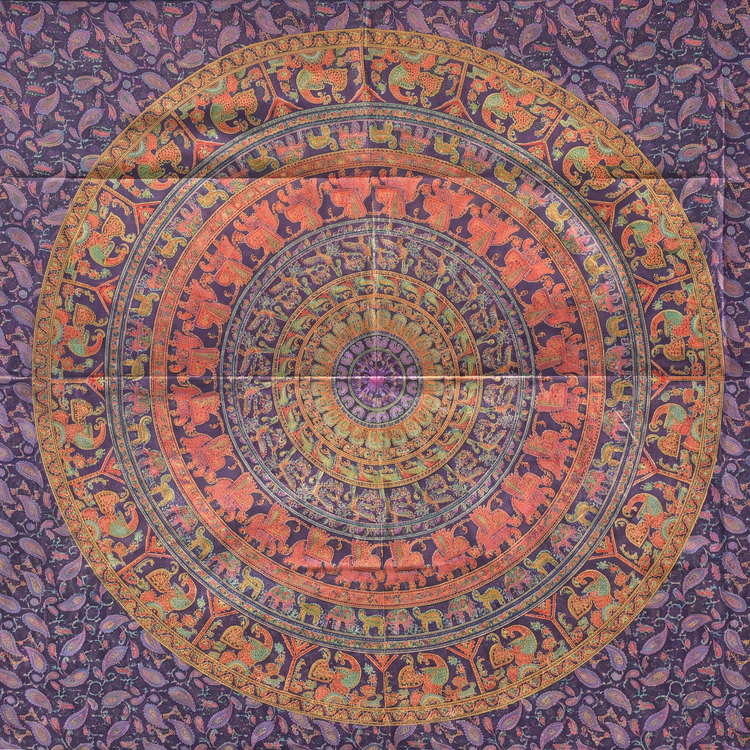 Elephant Mandala Hand Block Printed Cotton Tapestry – Aubergine & Marigold