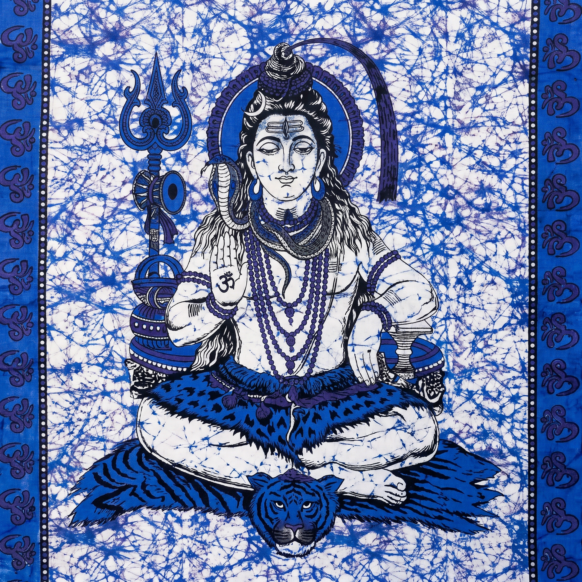 Indigo blue Lord Shiva batik cotton tapestry wall hanging, 210 x 135 cm