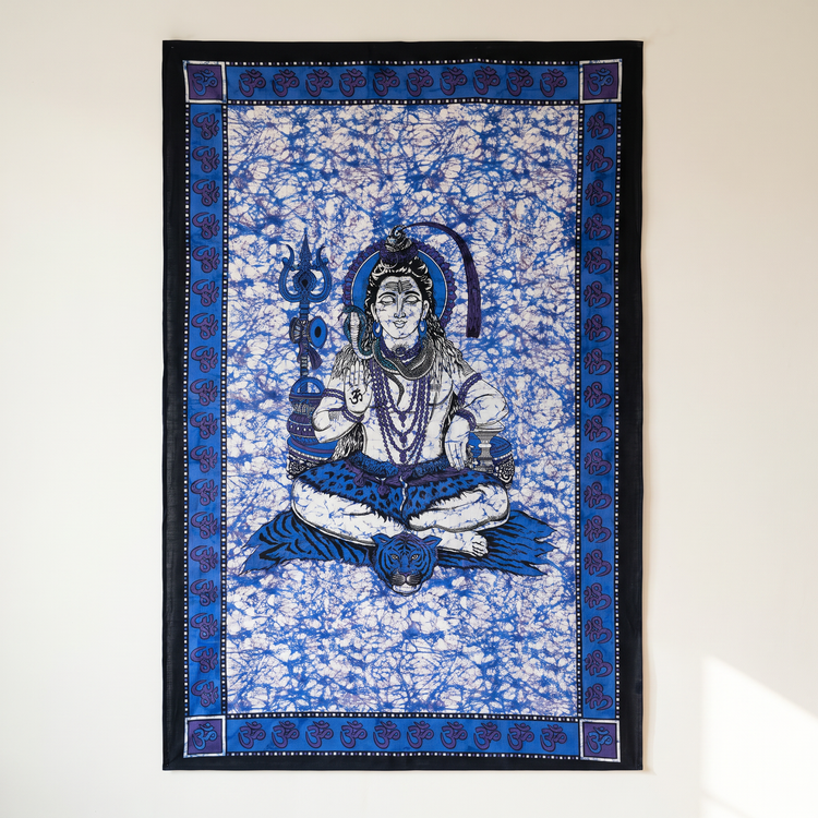 Lord Shiva Batik Cotton Tapestry – Indigo Blue Wall Hanging