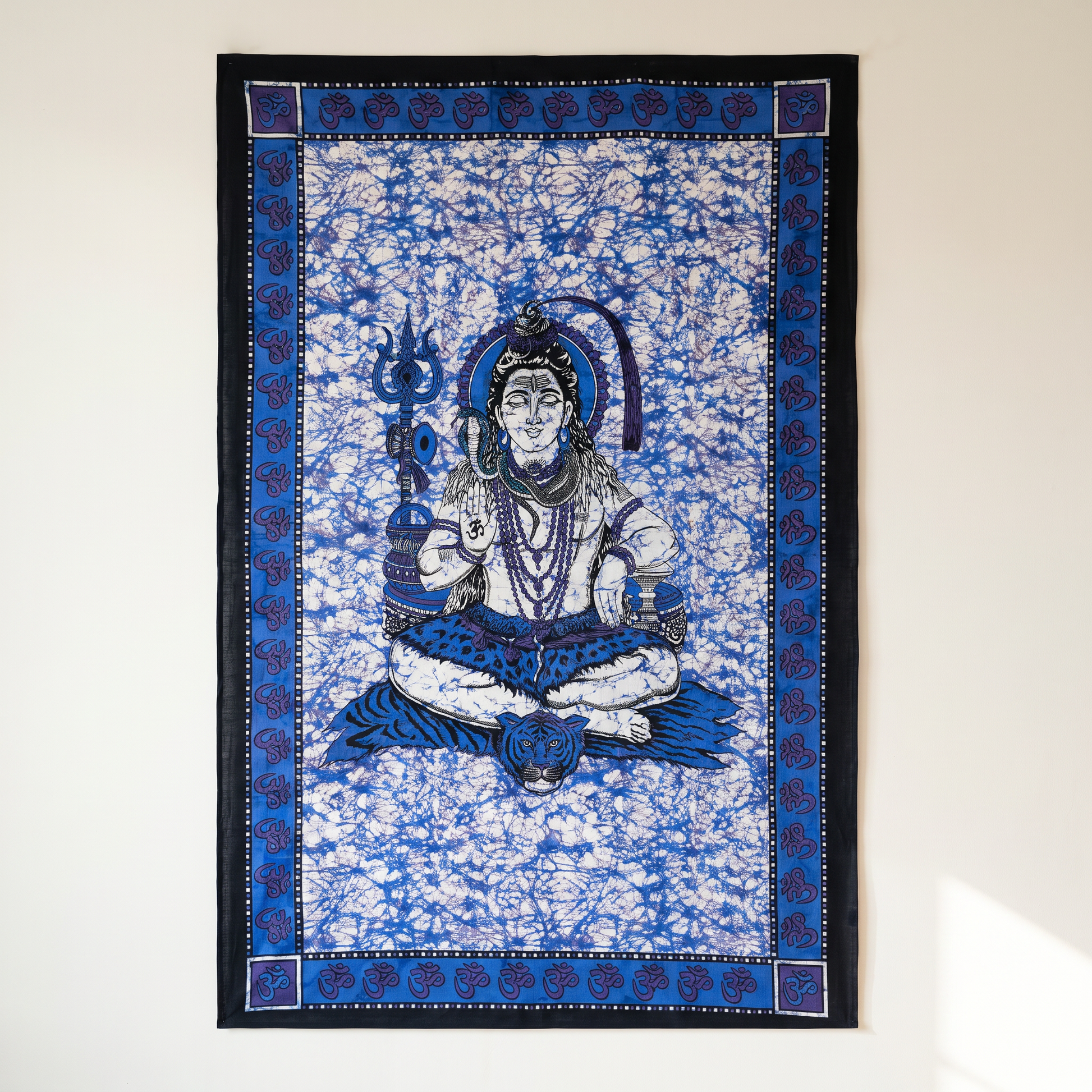 Indigo Shiva batik tapestry showing crackled wax-resist dye ground