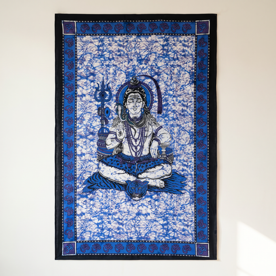 Indigo Shiva batik tapestry showing crackled wax-resist dye ground