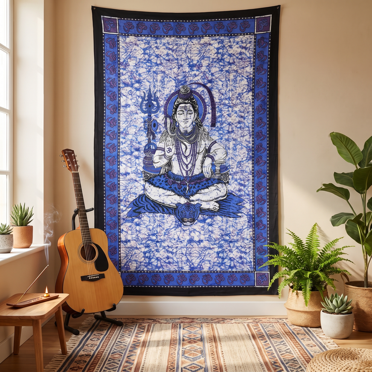 Lord Shiva Batik Cotton Tapestry – Indigo Blue Wall Hanging