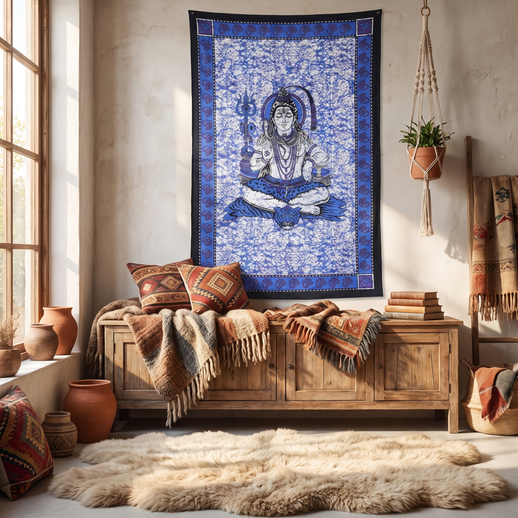 Lord Shiva Batik Cotton Tapestry – Indigo Blue Wall Hanging