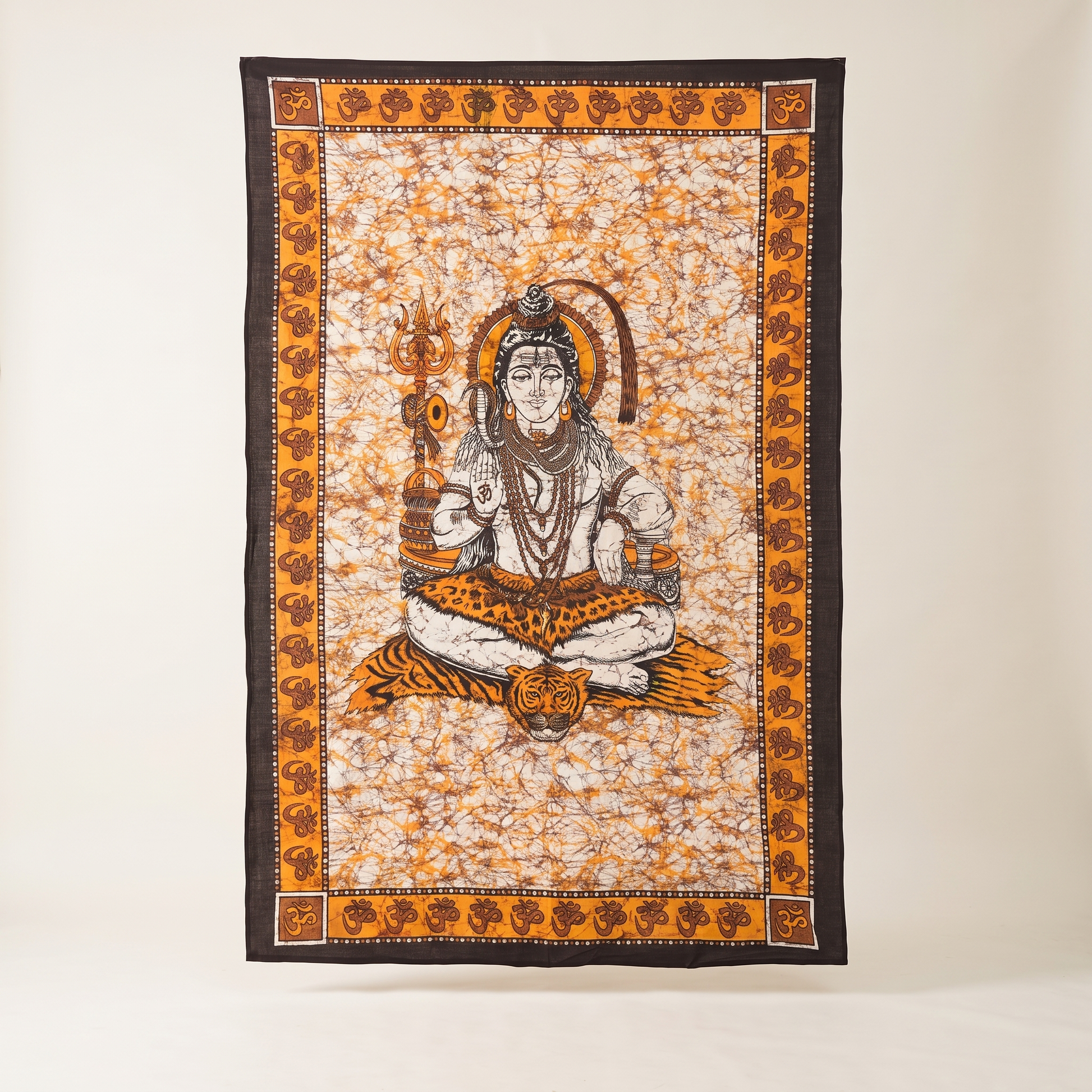 Amber orange Lord Shiva batik cotton tapestry wall hanging, 210 x 135 cm
