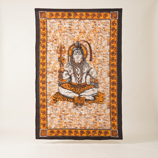 Amber orange Lord Shiva batik cotton tapestry wall hanging, 210 x 135 cm