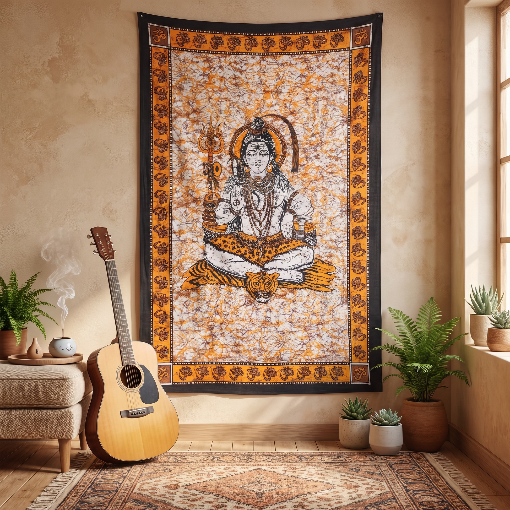 Amber Shiva batik tapestry showing marbled saffron dye ground