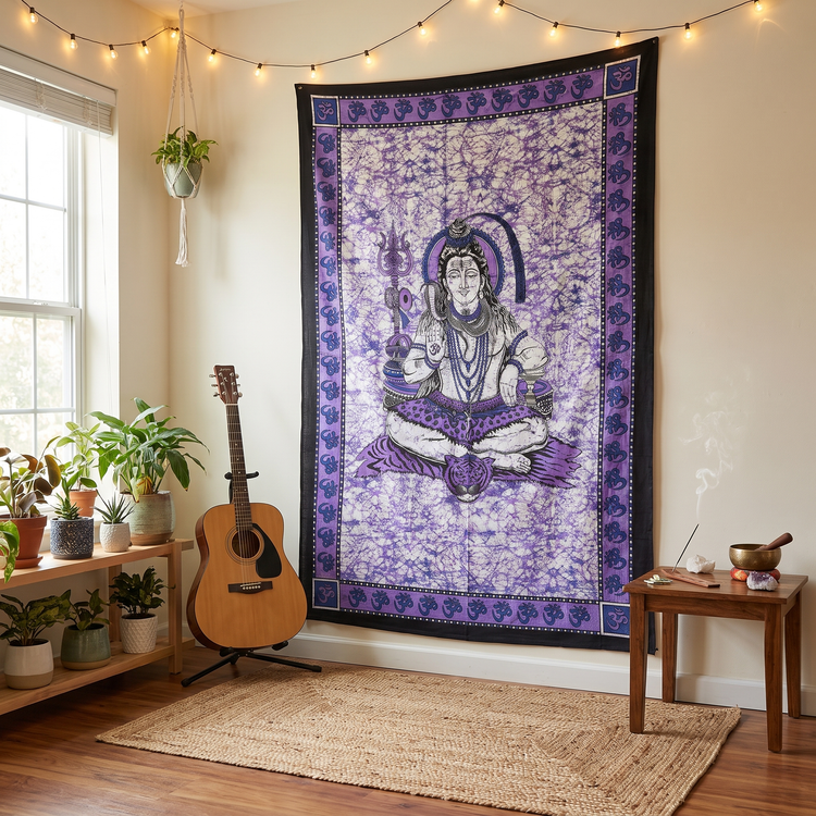 Lord Shiva Batik Cotton Tapestry – Violet Purple Wall Hanging
