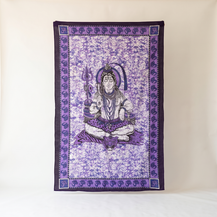 Lord Shiva Batik Cotton Tapestry – Violet Purple Wall Hanging