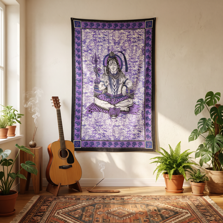 Lord Shiva Batik Cotton Tapestry – Violet Purple Wall Hanging
