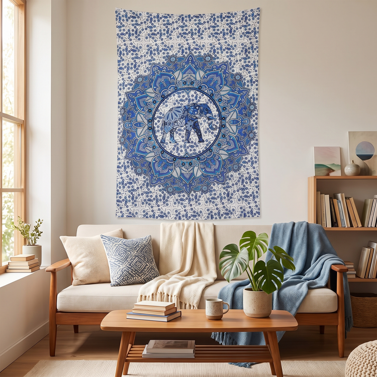 Paisley Elephant Mandala Hand Block Printed Cotton Tapestry – Ivory & Indigo
