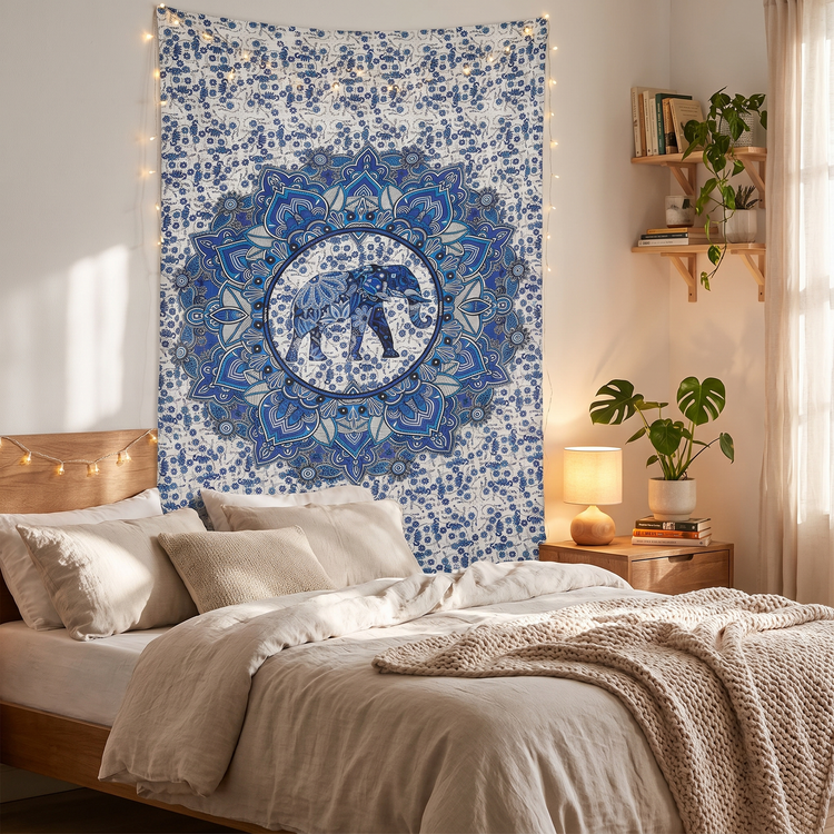 Paisley Elephant Mandala Hand Block Printed Cotton Tapestry – Ivory & Indigo
