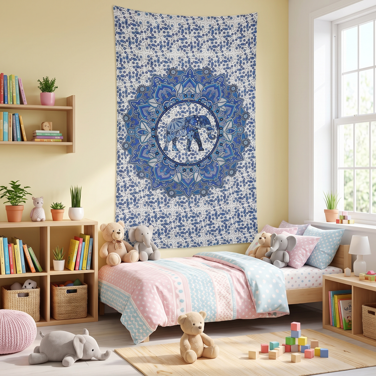 Paisley Elephant Mandala Hand Block Printed Cotton Tapestry – Ivory & Indigo