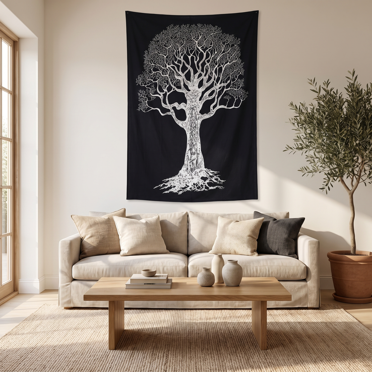 Tree of Life Cotton Tapestry – Charcoal & Ivory Wall Hanging