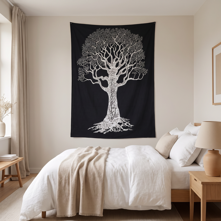 Tree of Life Cotton Tapestry – Charcoal & Ivory Wall Hanging
