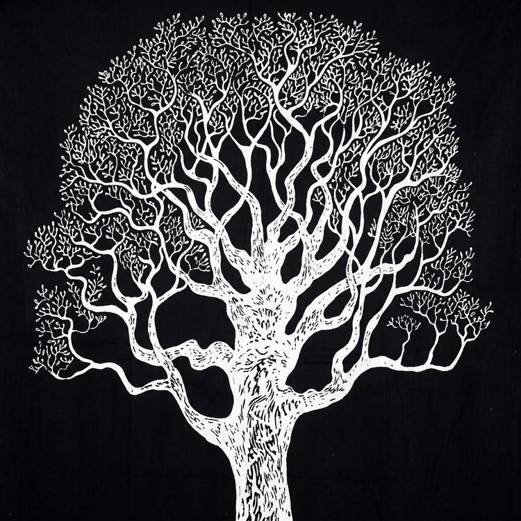 Tree of Life Cotton Tapestry – Charcoal & Ivory Wall Hanging