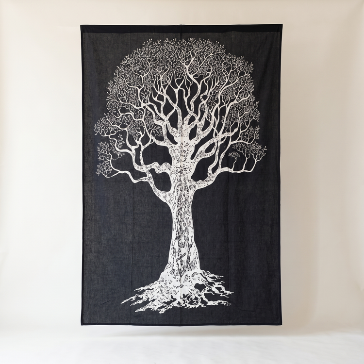 Tree of Life Cotton Tapestry – Charcoal & Ivory Wall Hanging